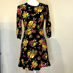 ZARA Vibrant Black Floral Print Rayon Crepe ¾ Sleeves Fit & Flare Mini Dress